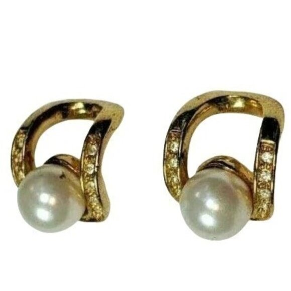 Vintage Gold-Tone Faux Pearl & Rhinestone Earrings A318 - Picture 1 of 6